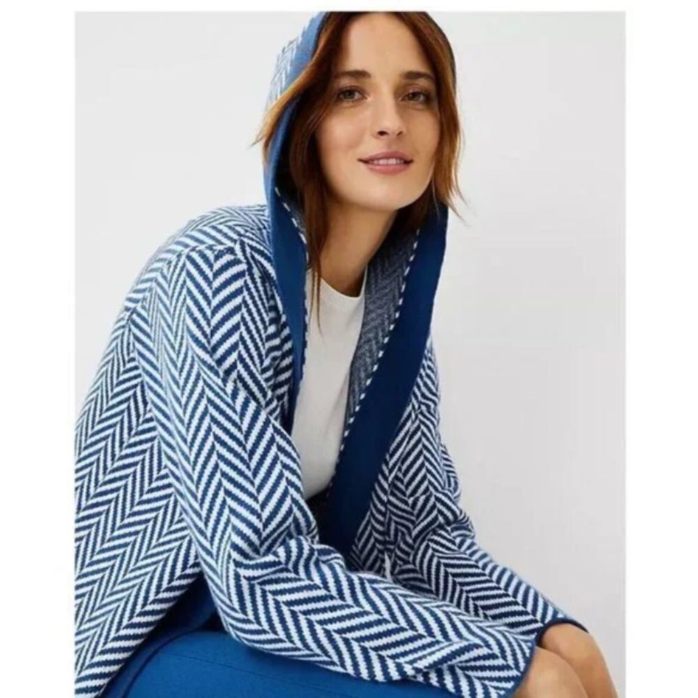 Ann Taylor Blue and White Chevron Thick Long Knit Hoodie size Medium